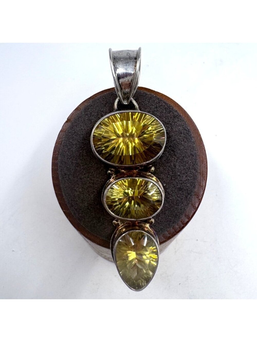 VTG Sterling Silver 925 Citrine Three Stone Bezel Set Pendant Size 2.5" Length